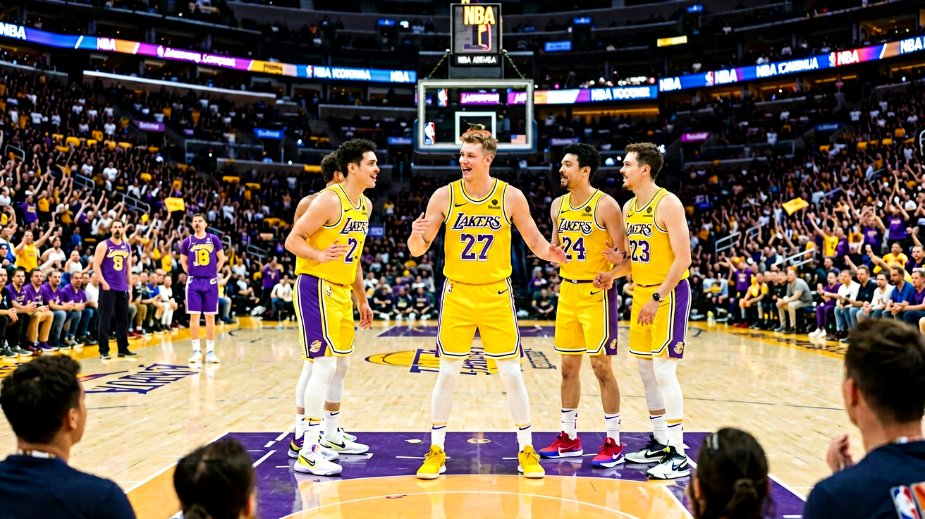 NBA湖人比赛现场，球迷讨论比赛走势